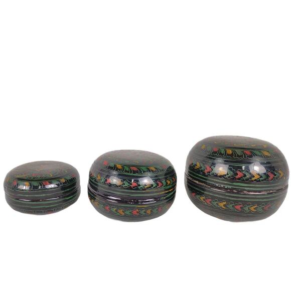 Etched Black Lacquerware Asian Burmese Nesting Betel Kun-It Bowl Boxes 3pc Set - Picture 1 of 8